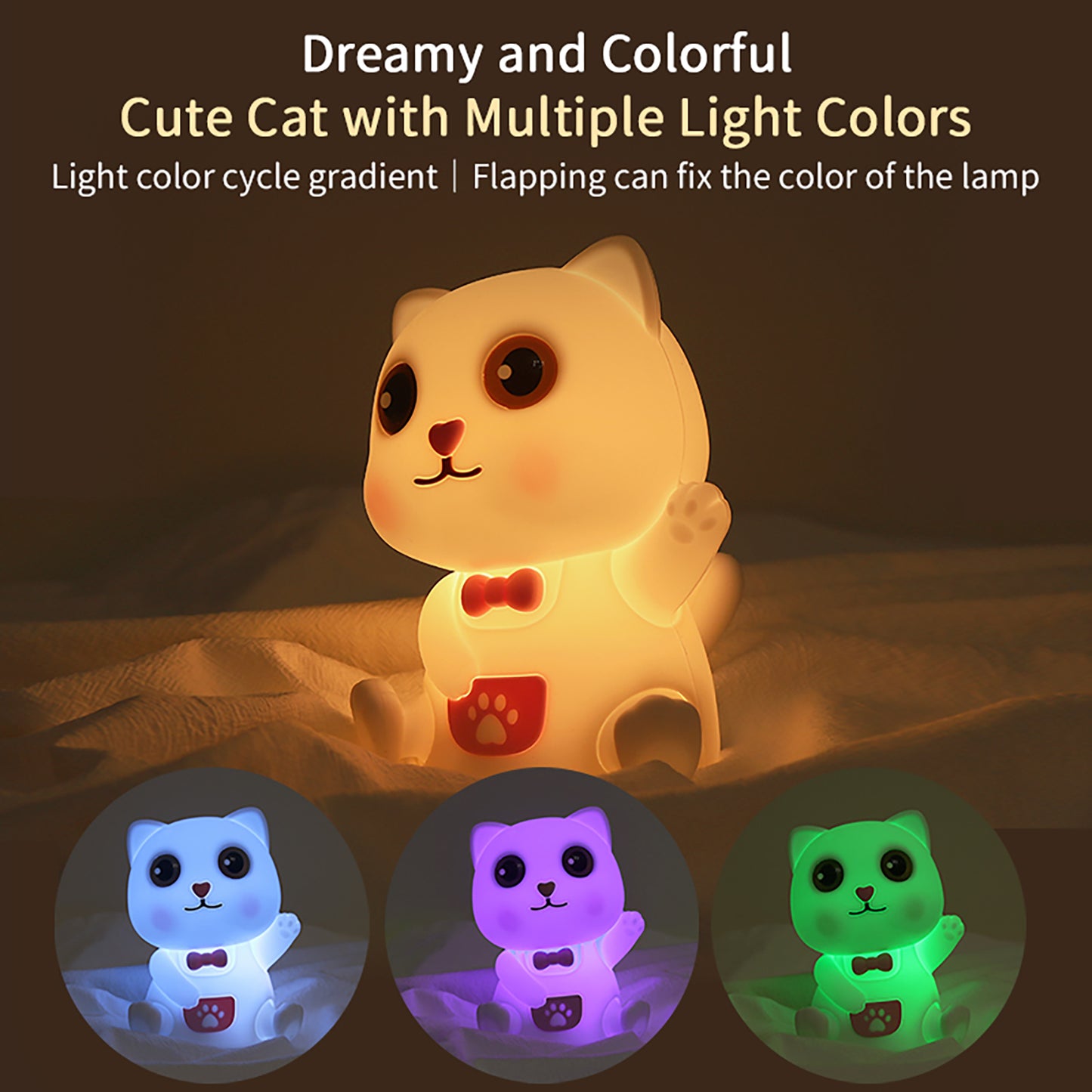 Colorful Life198Lucky Cat Silicone Lamp Flat Sleeping Companion Bedroom Bedside Lamp Night Feeding Patting Night Light