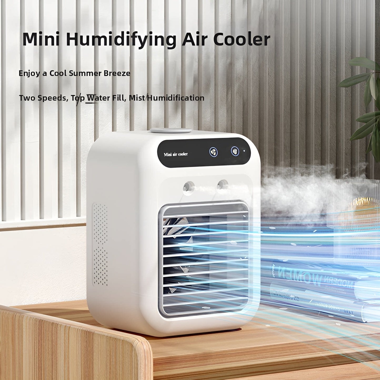 F07 Refreshing Summer Desktop Humidifying Mini Fan, an ideal office companion, equipped with USB charging port and 3-speed adjustment