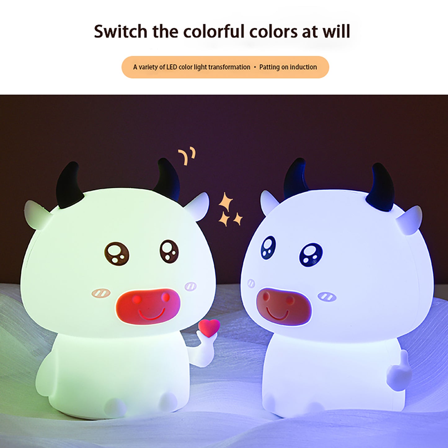 Colorful Life177Cute Cow Silicone Lamp Creative Tap Charging Seven Colors LED Silicone Night Light Romantic Gift