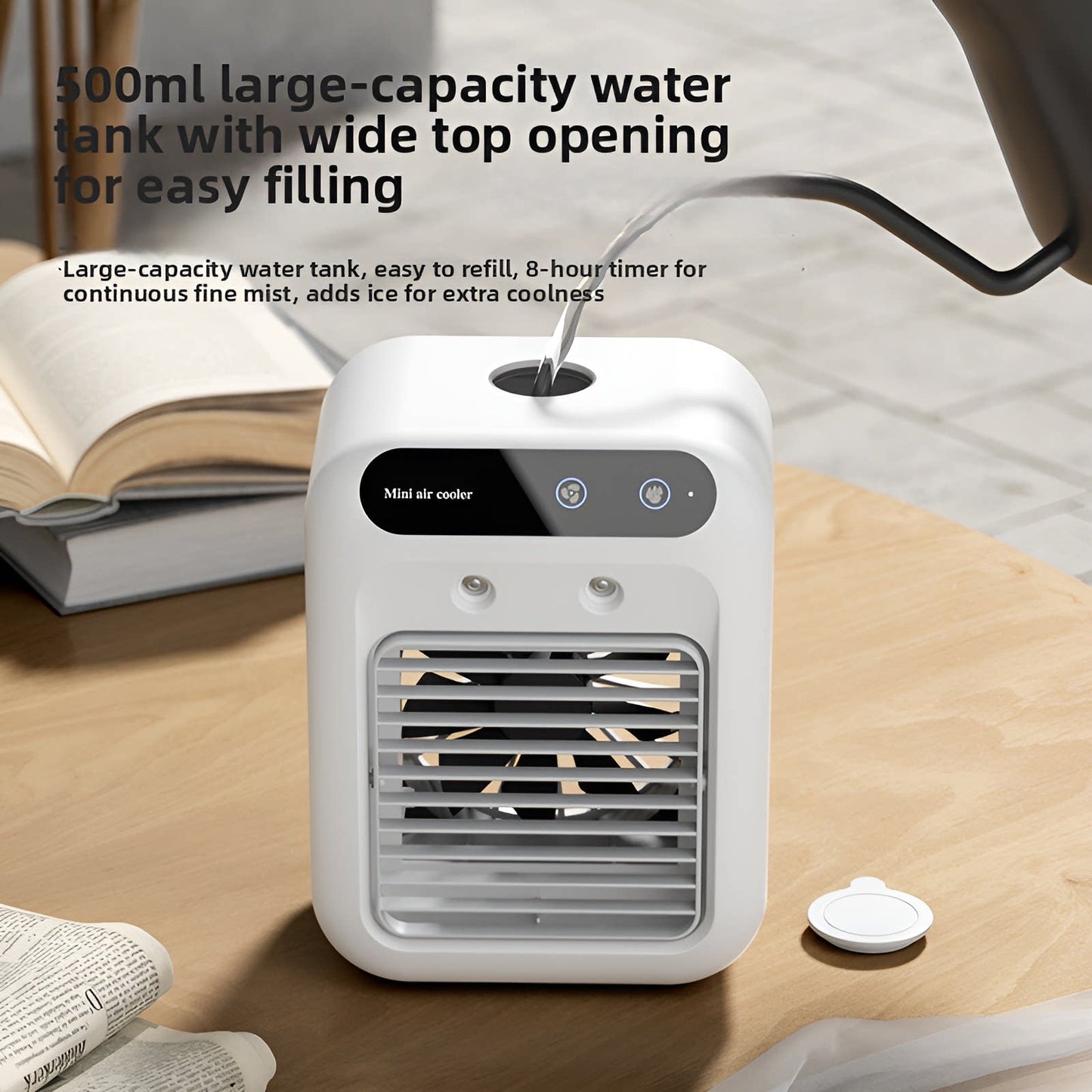 F07 Refreshing Summer Desktop Humidifying Mini Fan, an ideal office companion, equipped with USB charging port and 3-speed adjustment