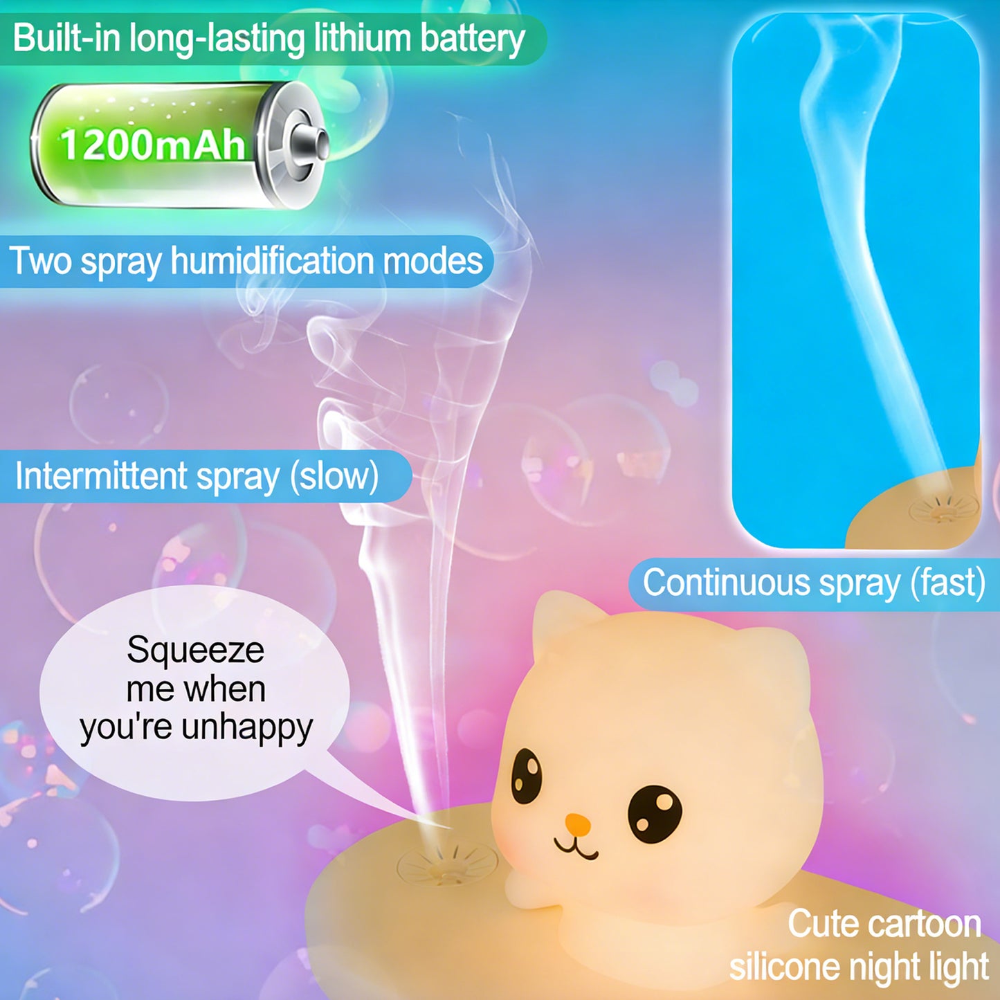 Colorful Life D15Cute Cat Humidifier USB Rechargeable Bedroom Bedside Lamp Warm Atmosphere Lamp Sleeping Night Light