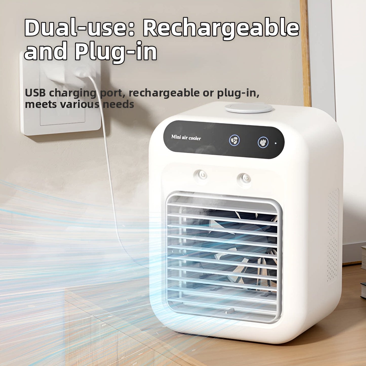 F07 Refreshing Summer Desktop Humidifying Mini Fan, an ideal office companion, equipped with USB charging port and 3-speed adjustment